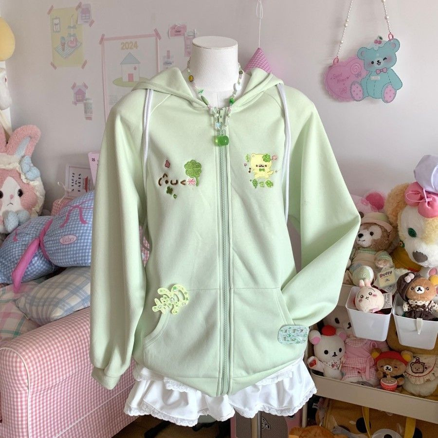 四叶草小猫刺绣浅绿色秋冬学生连帽卫衣女甜妹宽松开衫拉链外套
