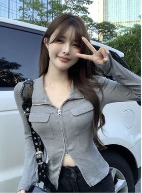 灰色潮流纯欲辣妹短外套女装春秋冬拉链气质修身显瘦长袖上衣ing