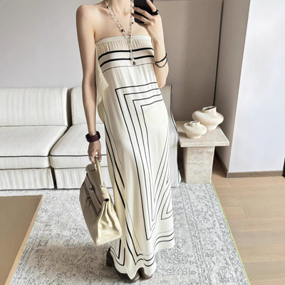 正确版！THE ARTM桑蚕丝条纹几何印花度假围裹式抹胸连衣裙女