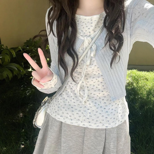 韩系早秋穿搭女蓝色假两件碎花针织开衫绑带短款独特好看长袖上衣