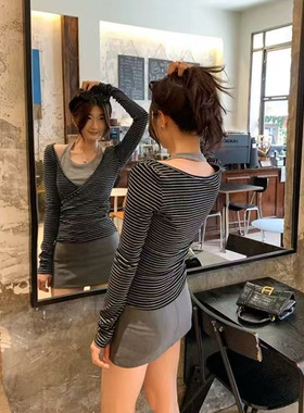 韩系别致黑色条纹挂脖假两件上衣女早秋新款长袖T恤衫设计感小众