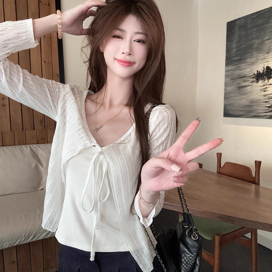 宽松白色绑带v领长袖防晒外套女夏季慵懒休闲空调衫薄款开衫上衣