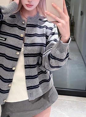 复古风灰色撞色条纹针织衫开衫女2025秋冬新款超好看宽松上衣
