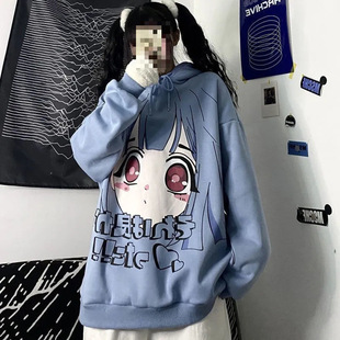 连帽卫衣女原宿日系二次元少女动漫印花宽松BF风加绒套头外套