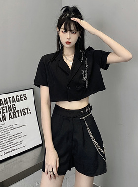时尚宽松黑色工装短裤女夏季高腰百搭个性潮酷炸街帅气链条裤子潮