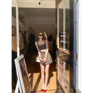 JMSHOP 波恩画报 方领格子连衣裙女夏设计感拼接蕾丝蝴蝶结裙子