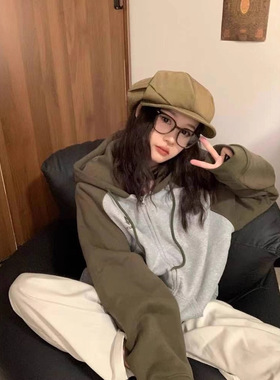 杏灰色拼接插肩袖连帽卫衣外套女秋冬季加绒加厚情侣拉链开衫