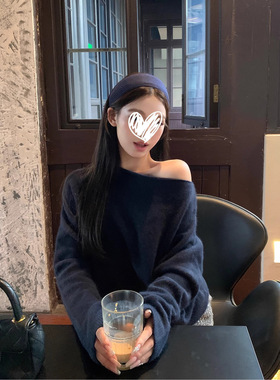 EUSKY IIWAN 藏蓝高级感重磅软糯一字肩多穿法针织毛衣女新款秋冬