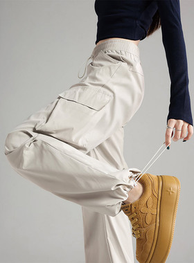 美式白灰色工装裤女2025早秋款复古直筒阔腿裤户外速干登山运动