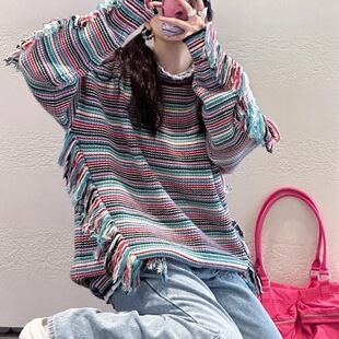 旅游穿搭秋冬毛衣复古条纹上衣设计感流苏毛衣小众宽松针织衫