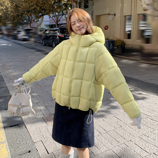 泡芙2025冬季新款羽绒棉服女装连帽云朵方块格子宽松保暖棉袄外套