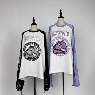 日系原宿潮牌GALFY联名KRY亚文化纹身印花火焰超长袖萌袖T恤上衣