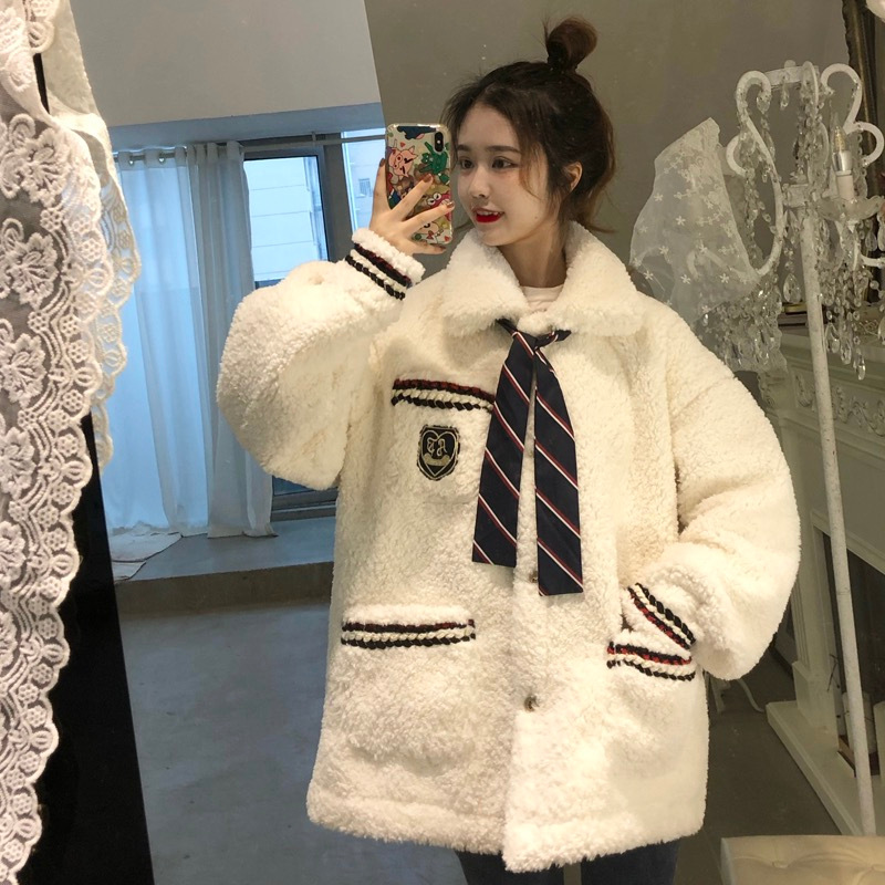 【送领带】羊羔毛外套女2024秋冬季新款学院风卫衣加绒加厚宽松潮
