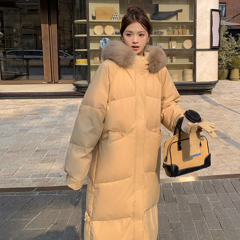 大毛领中长款羽绒棉服女2024年新款宽松棉衣加厚过膝棉袄外套