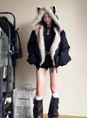 黑色毛领夹棉座山雕猫耳朵外套男女秋冬季新款加厚情侣装棉衣