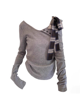 港风复古灰色打底衫女秋冬chic纯欲风甜辣露肩蝴蝶结短款上衣