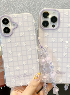 小清新紫色格子花朵适用苹果17promax手机壳新款iphone17高级感16pro带手链15超好看14pro网红女13小众防摔壳