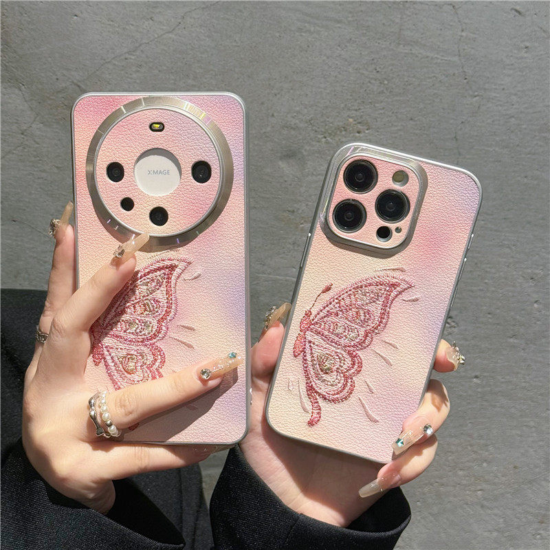 金属圈皮质唯美刺绣蝴蝶适用iPhone15ProMax手机壳苹果14高级感13华为mate60pro女p60新款荣耀magic6全包防摔