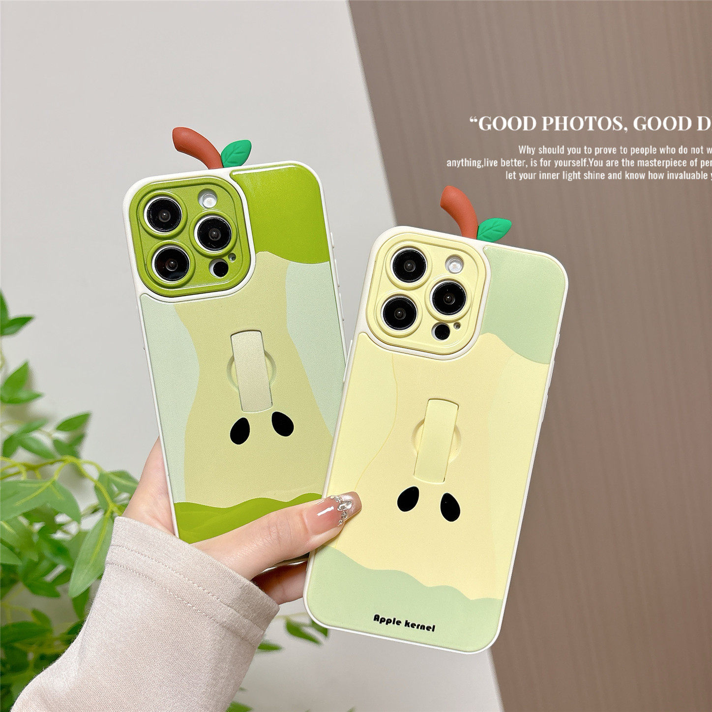 小众创意青苹果插画指环扣手机壳