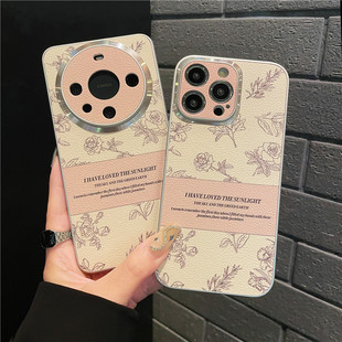 nova荣耀300全包防摔 金属圈电镀皮质山茶花适用于iPhone15ProMax手机壳苹果16高级感14华为mate60网红p70女款
