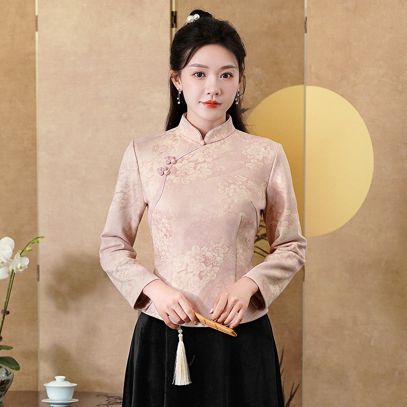 秀观唐粉兰2025秋冬季新款优雅麂皮绒改良中国风唐装短款旗袍上衣