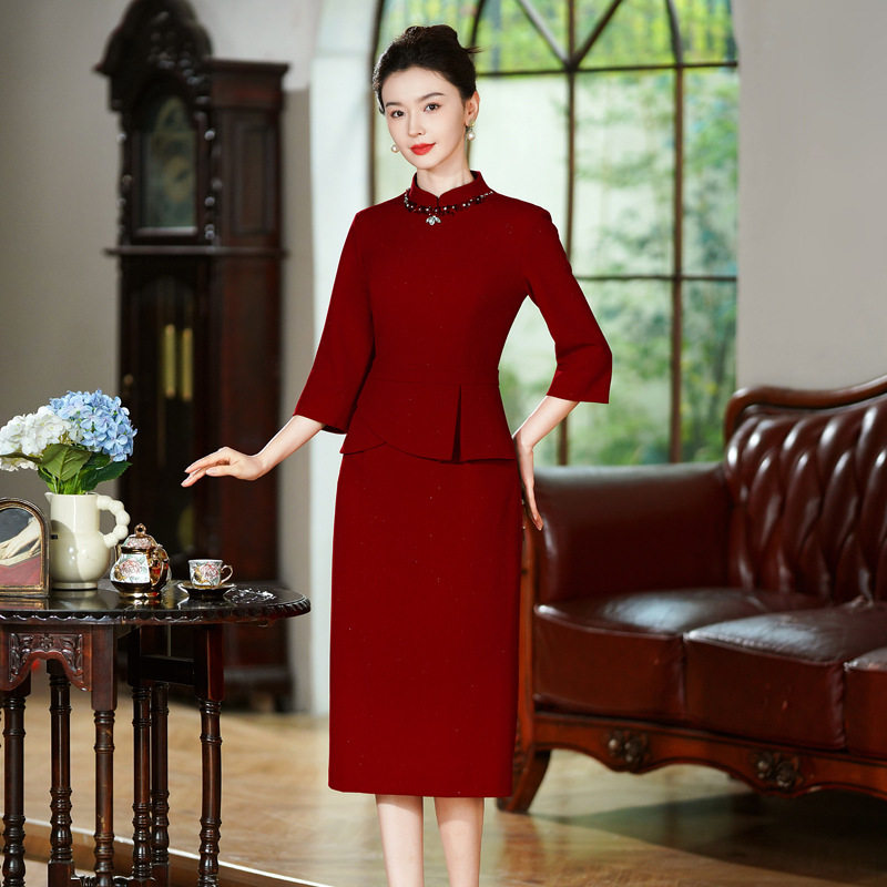 2026秋新款礼服钉珠微弹婚庆婚宴喜妈妈喜婆婆连衣裙高端中式旗袍