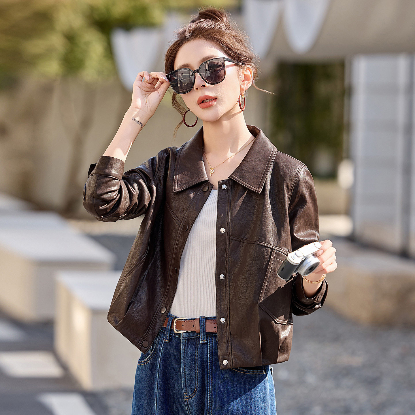 翻领皮衣女2026春季新款流行气质小个子百搭时尚显瘦短外套YB2610,女装/女士精品,皮衣,淘宝优惠券,粉丝福利购,淘宝优惠卷