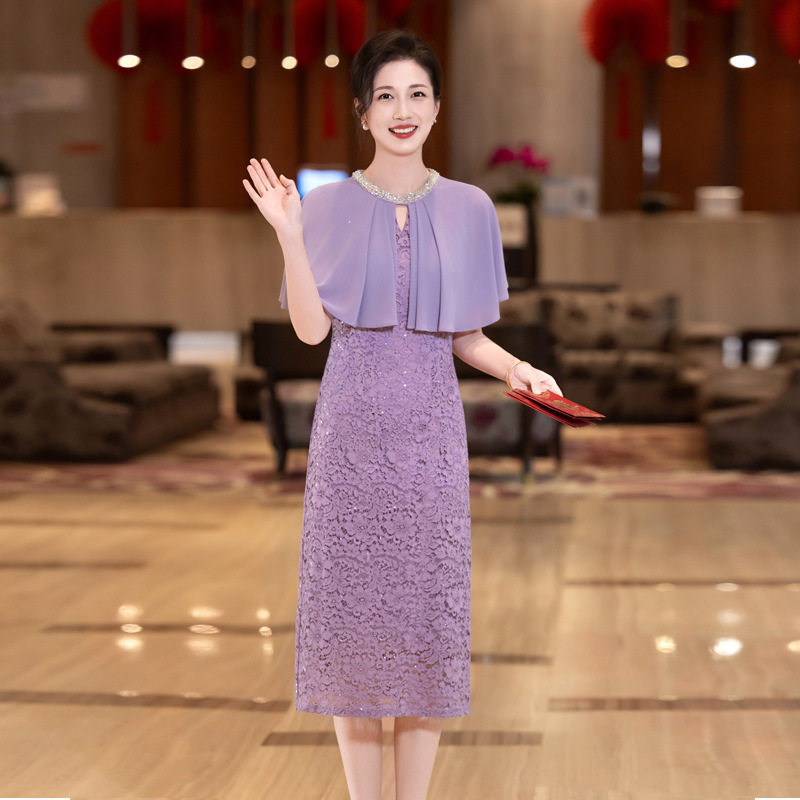 2026夏季新年轻妈妈礼服旗袍淑女风紫色蕾丝高端气质喜婆婆连衣裙