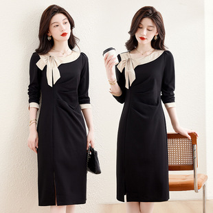 hxfs6608优雅气质拼接连衣裙女2025秋冬遮肚修身 裙子 显瘦中长款