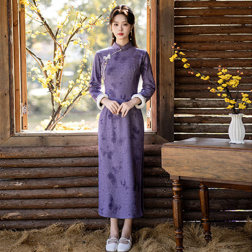 紫色加绒加厚冬装国风新中式长袖旗袍改良2025新款女复古收腰冬季