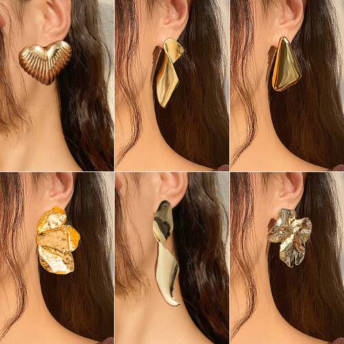 欧美设计感金属光面折叠耳钉女复古几何花瓣爱心耳饰earrings