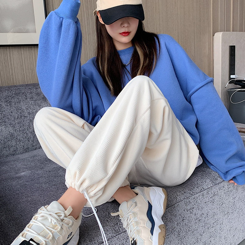 白色雪尼尔运动裤女秋冬加绒宽松束脚灯芯绒裤子休闲直筒阔腿卫裤