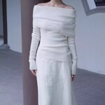 针织刺绣一字肩订婚领证上衣高腰半裙套装平时可穿敬酒服两件套