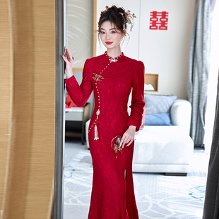 新中式改良旗袍连衣裙女高级感红色订婚礼服裙2025春季结婚敬酒服