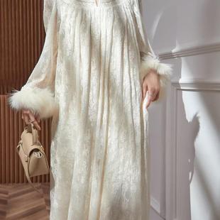 新中式重工压褶蕾丝毛毛长裙秋冬宫廷风长袖连衣裙晨袍高级感长裙