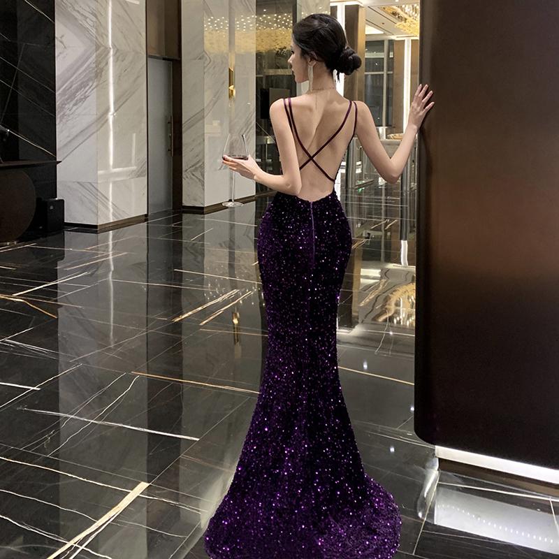 紫色拖尾连衣裙生日聚会礼服高定轻奢小众性感露背婚纱晨袍名媛风