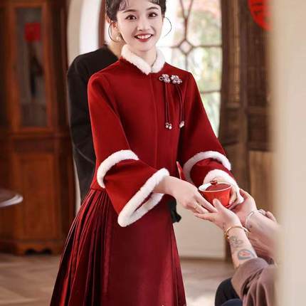 新中式红色马面裙敬酒服新娘2024新款婚服订婚结婚礼服秋冬季套装