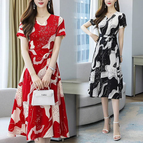 PLUS SIZE V-NECK PRINT SWING SKIRT DRESS WOMENS KOREAN VERSION TRENDY NEW TEMPERAMENT WAIST MIDI DRESS WOMEN