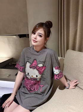 训宝新款kity凯蒂猫短袖T恤宽松甜美百搭打底衫大版上衣微胖大码