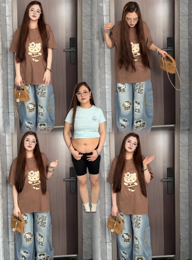 训宝新品 炒色卡通Kitty猫短袖T恤宽松百搭显瘦微胖宽松慵懒T恤女