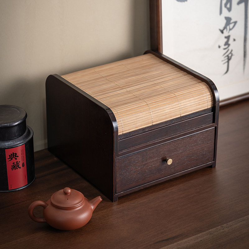 新中式楠竹茶具古玩收纳盒三层抽屉式收纳架储物柜家用茶室置物架