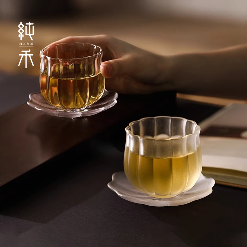 莲花漂亮玻璃杯高端个人专用泡茶防摔防爆品茗杯食品级高硼硅茶杯