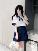 上衣百褶裙 蓝白色短袖 国中学生校服套装 初高中班服运动男女夏季