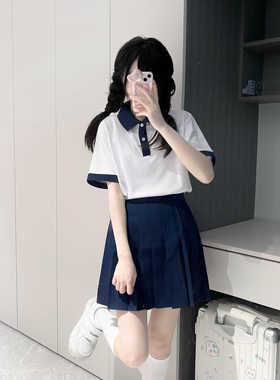 国中学生校服套装初高中班服运动男女夏季蓝白色短袖上衣百褶裙