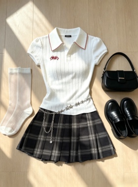 【黑桃少女】2026新款学院风甜辣妹白色POLO领短袖t恤女修身套装