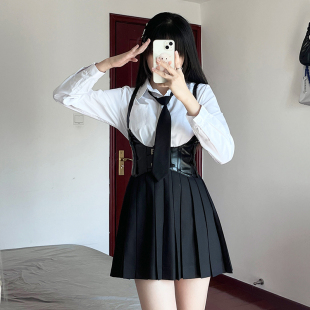 海月社 辣妹套装学院女背带吊带式收腰显胸设计感腰封衬衫百褶裙