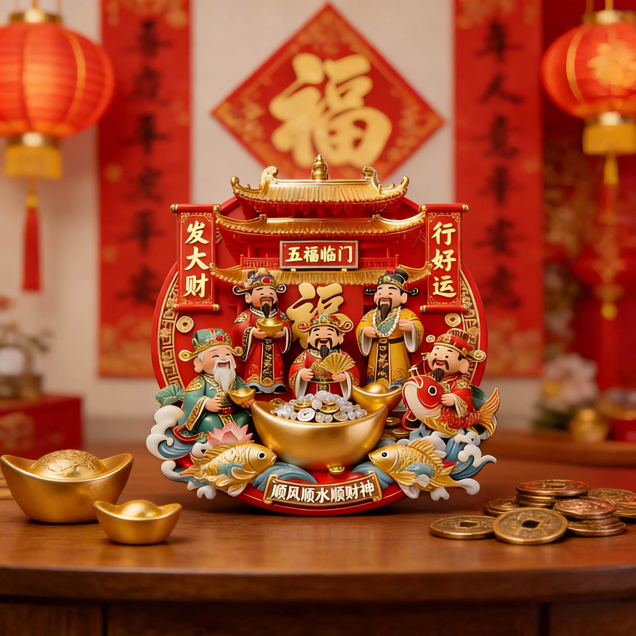 五福临门金属浮雕冰箱贴招财进宝新年3d创意装饰摆件磁吸卡片定制