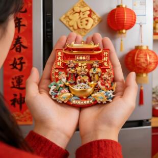 新年招财进宝金属浮雕冰箱贴3d创意装 饰品五福临门磁吸卡片定制