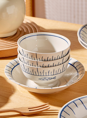 日式釉下彩陶瓷米饭碗个人用家用2025新款特别好看的盘子碗盘餐具