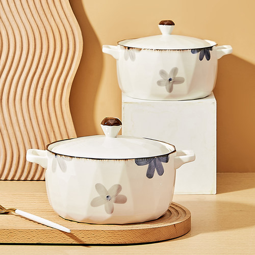 日式釉下彩陶瓷汤碗泡面碗带盖